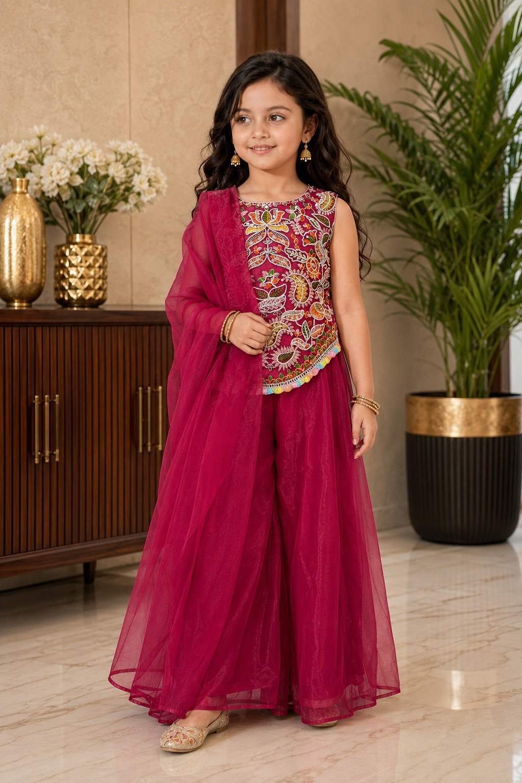 Kids Net Sharara Suit with Embroidered Peplum Top and Dupatta