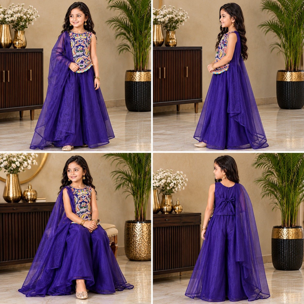 Kids Net Sharara Suit with Embroidered Peplum Top and Dupatta