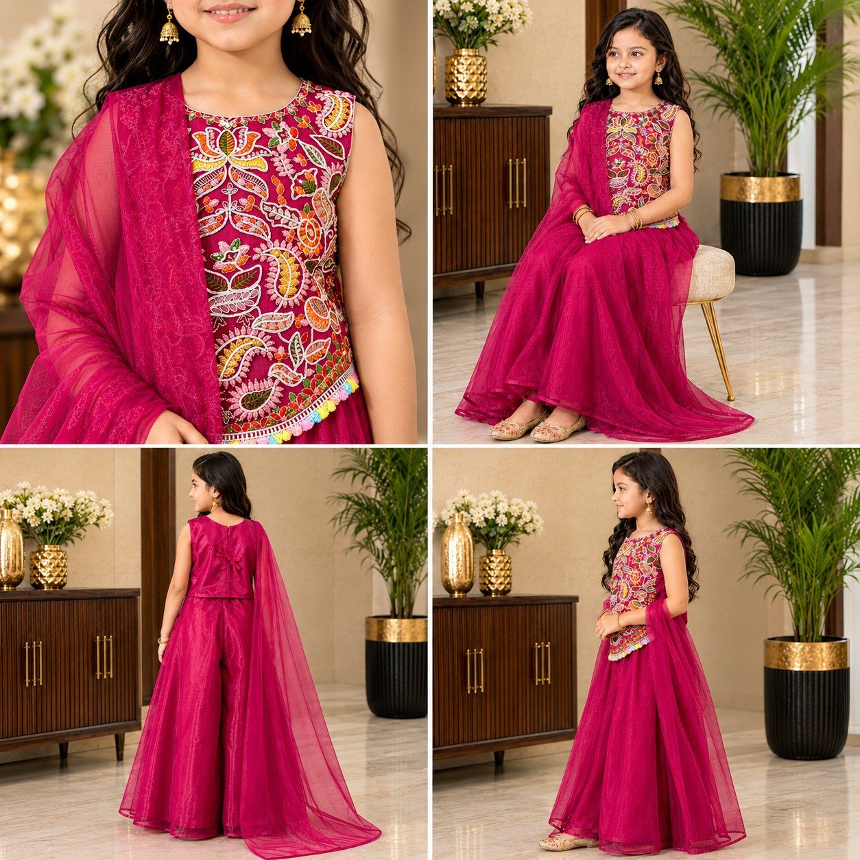 Kids Net Sharara Suit with Embroidered Peplum Top and Dupatta