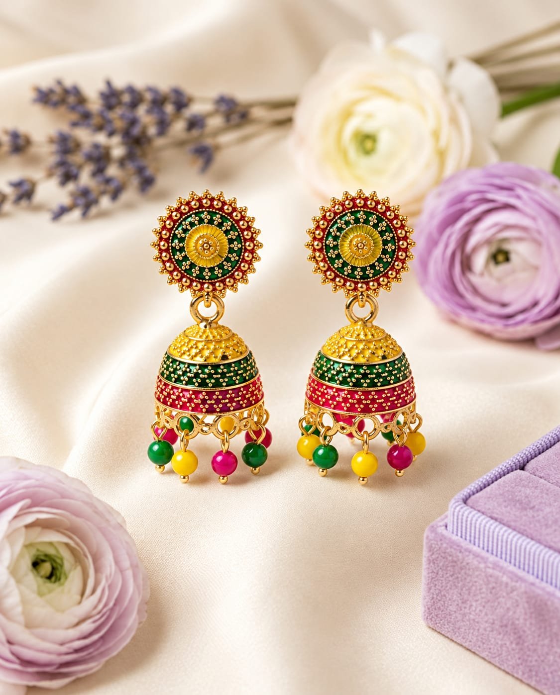 Multicolor Traditional Gold-Plated Jhumka Earrings for Women