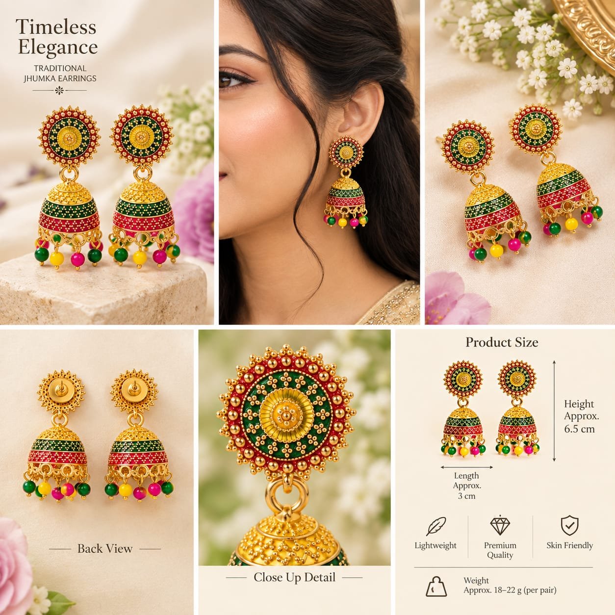 Multicolor Traditional Gold-Plated Jhumka Earrings for Women