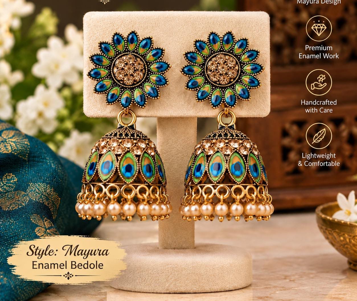 Mayura Enamel Jhumka Earrings for Women – Blue & Green Peacock Design Traditional Indian Earrings