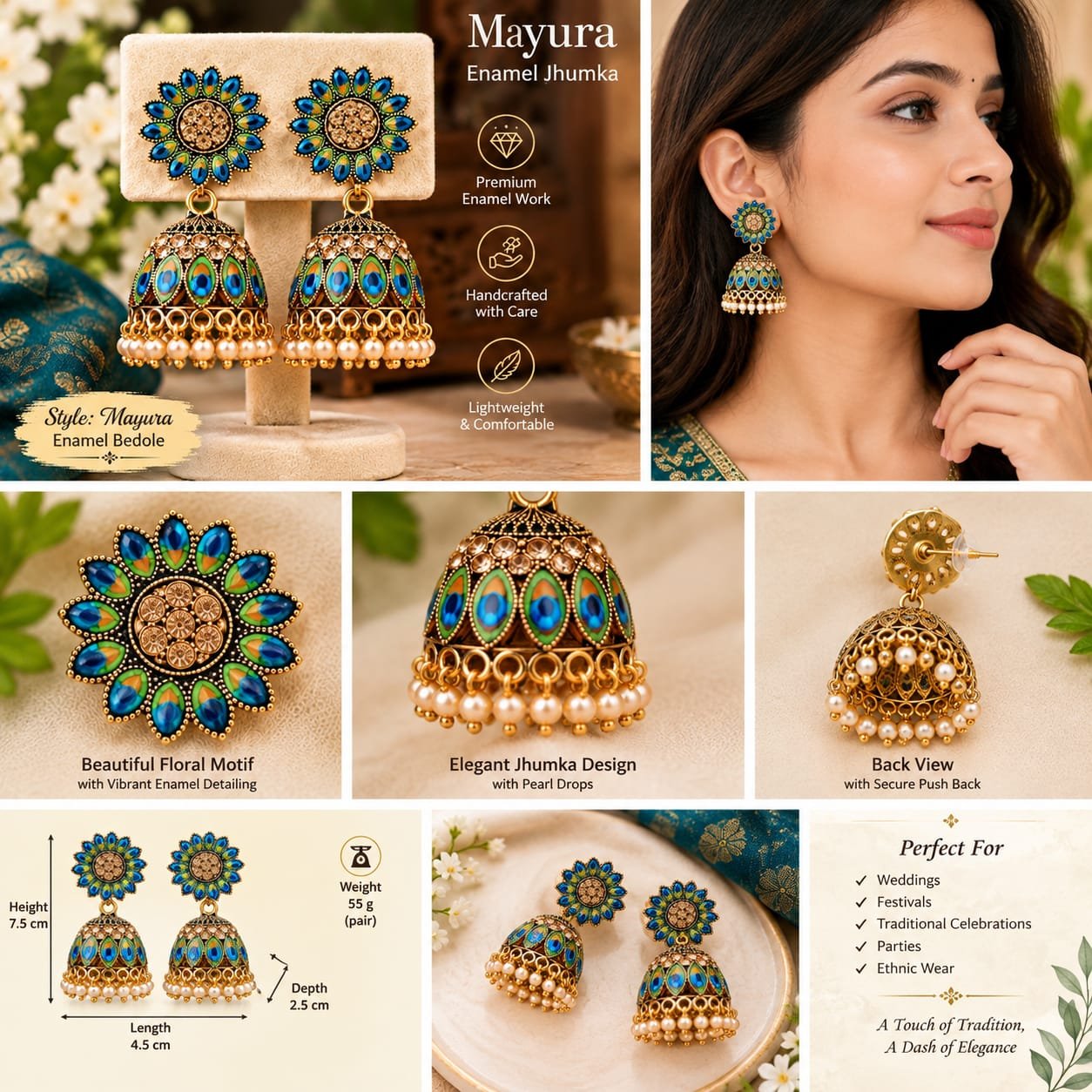 Mayura Enamel Jhumka Earrings for Women – Blue & Green Peacock Design Traditional Indian Earrings