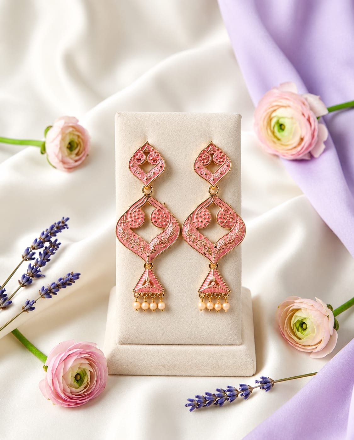 Elegant Rose Gold & Pink Filigree Long Drop Earrings with Pearl Drops for Women