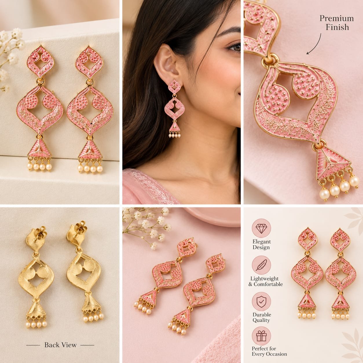 Elegant Rose Gold & Pink Filigree Long Drop Earrings with Pearl Drops for Women