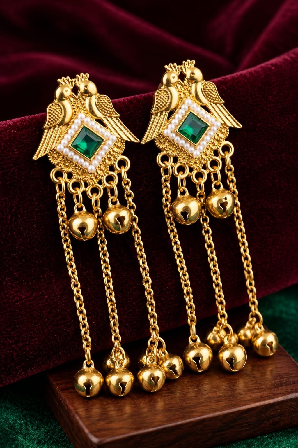 Gold Plated Peacock Design Long Chain Jhumka Earrings with Green Stone & Pearl Detailing