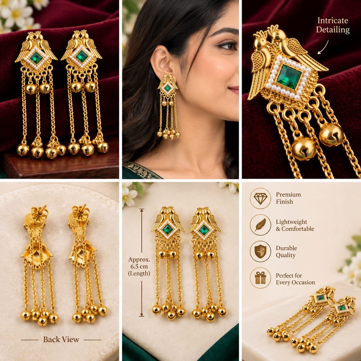 Gold Plated Peacock Design Long Chain Jhumka Earrings with Green Stone & Pearl Detailing