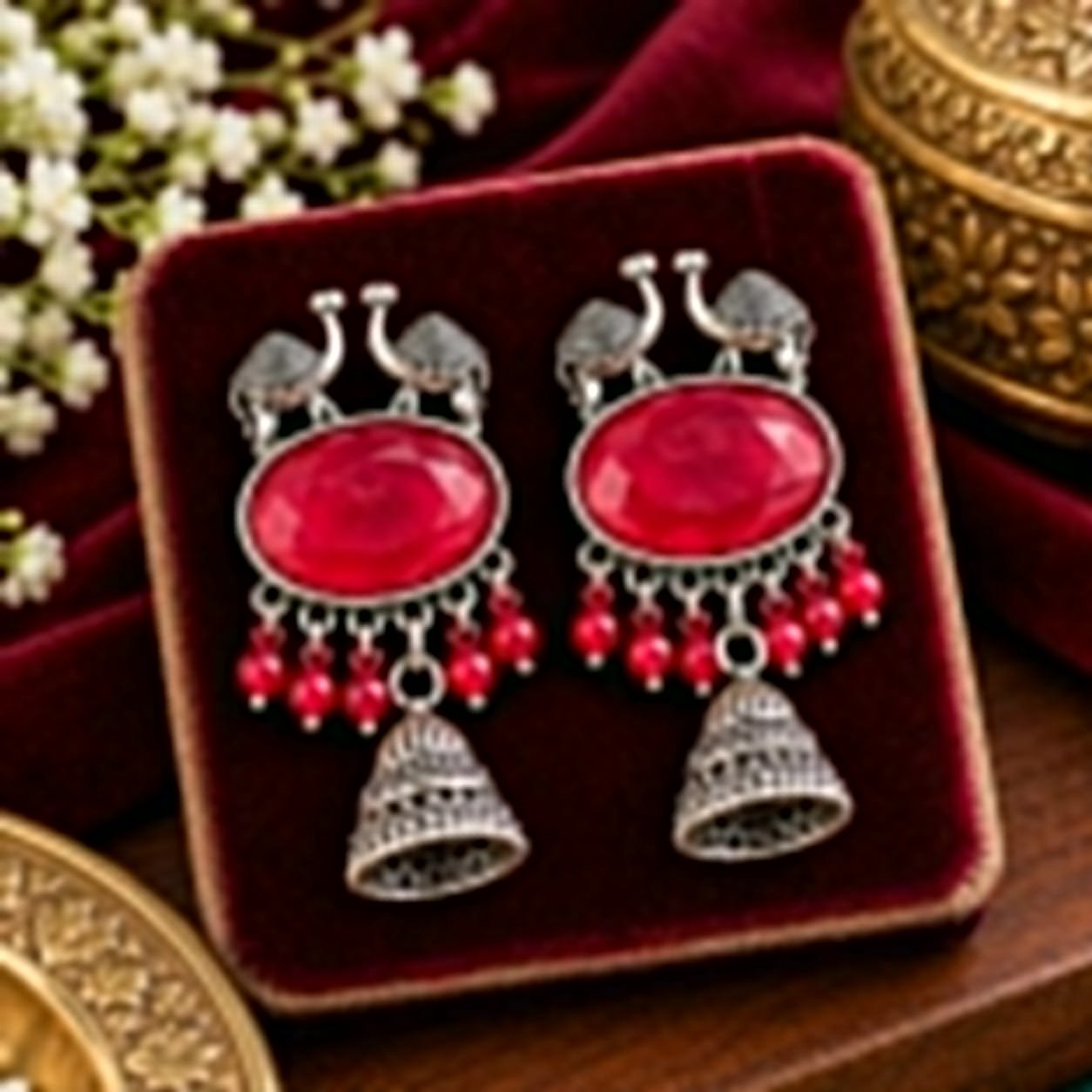 Traditional Red Stone Oxidized Silver Jhumka Earrings with Bead Detailing for Women