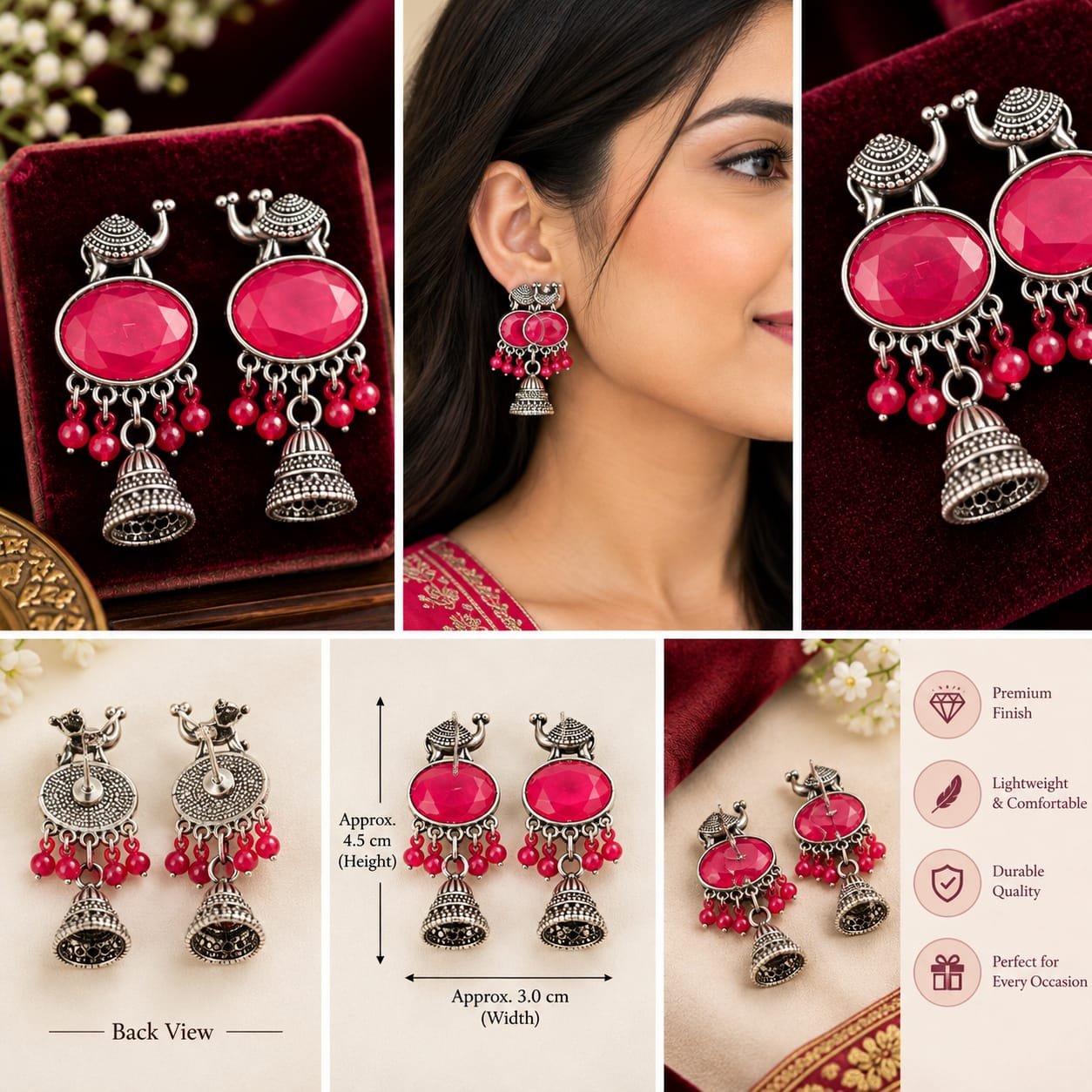 Traditional Red Stone Oxidized Silver Jhumka Earrings with Bead Detailing for Women