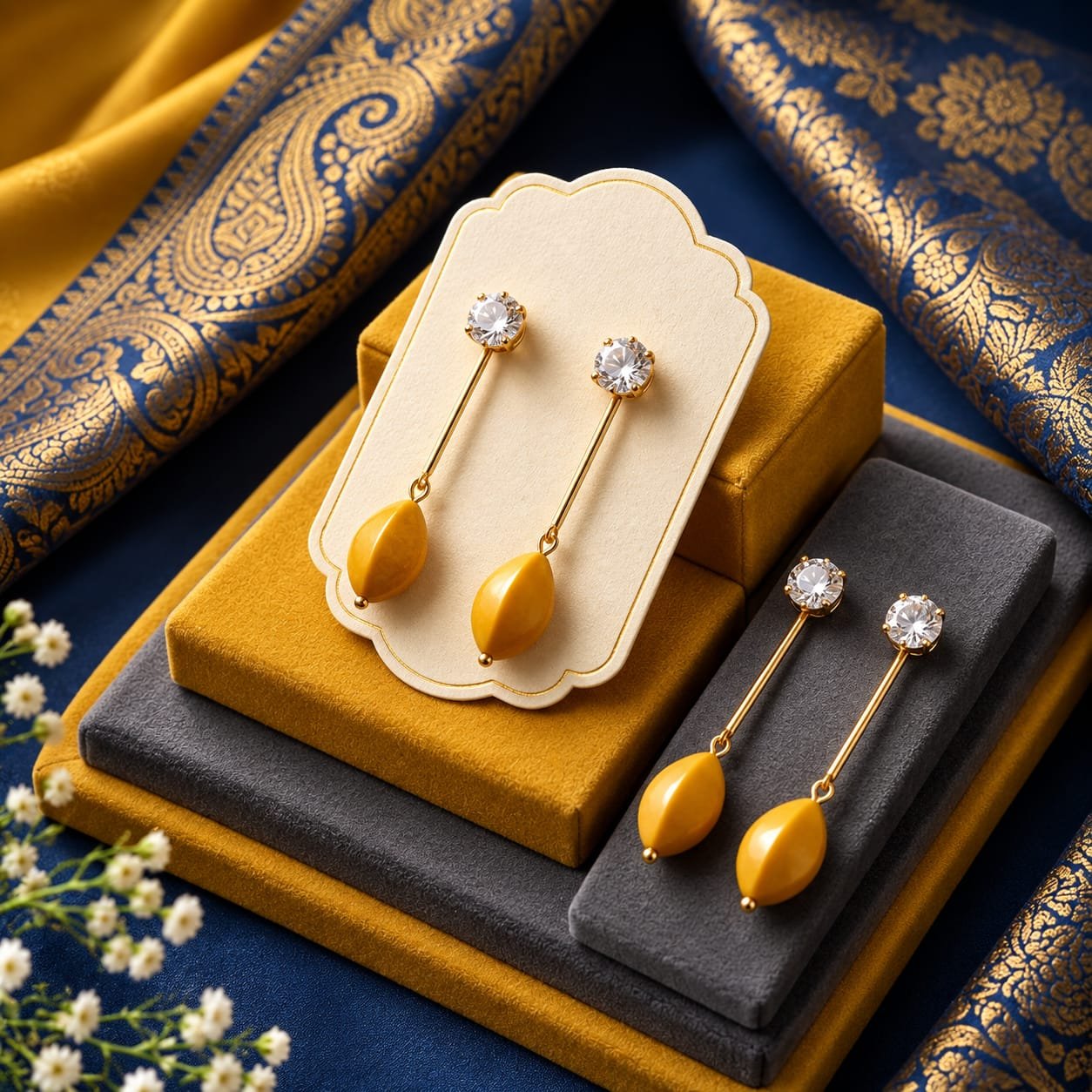 Women’s Yellow Drop Earrings with Crystal Studs | Elegant Gold-Tone Long Earrings