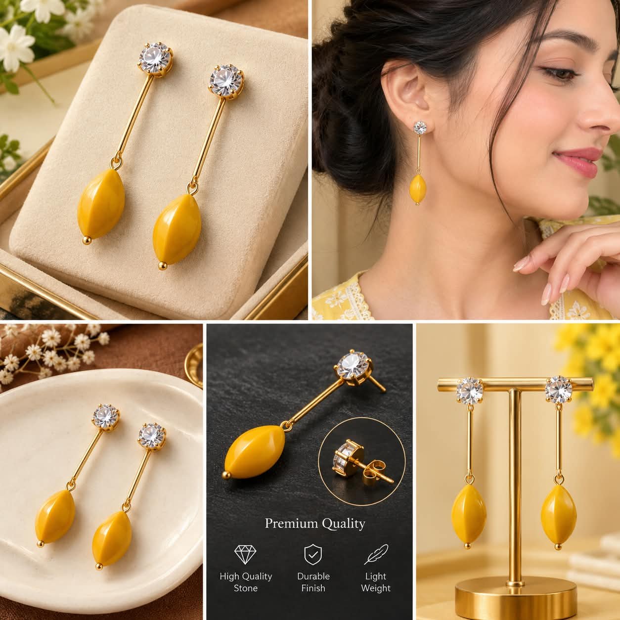 Women’s Yellow Drop Earrings with Crystal Studs | Elegant Gold-Tone Long Earrings