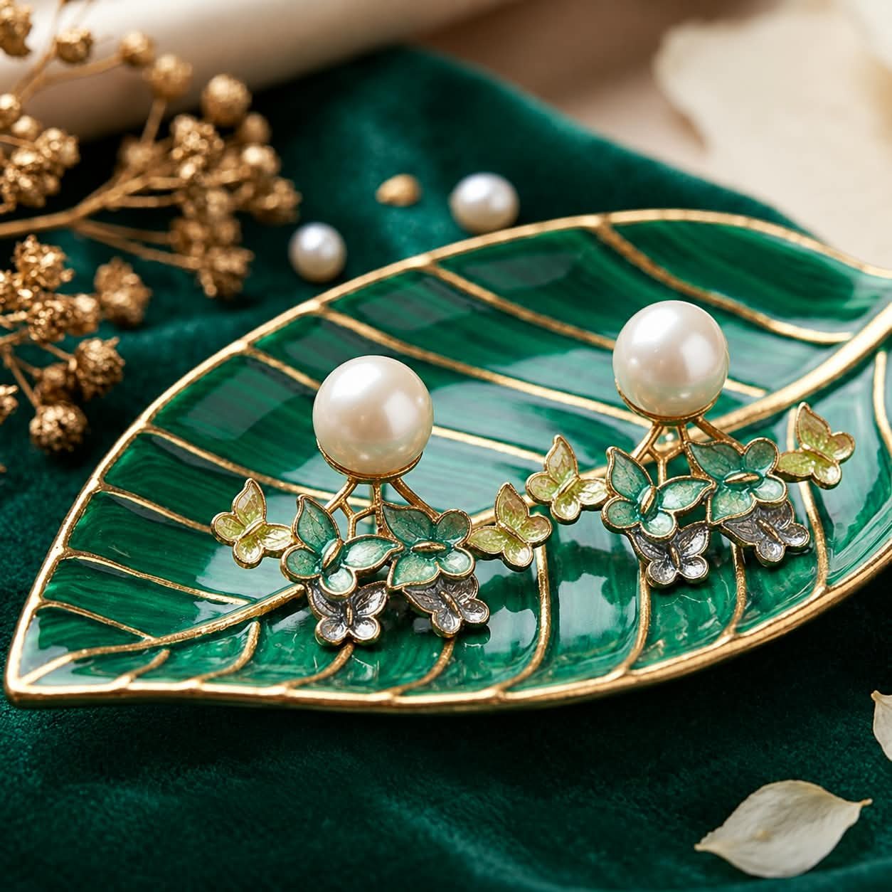Elegant Green Floral Pearl Drop Earrings for Women