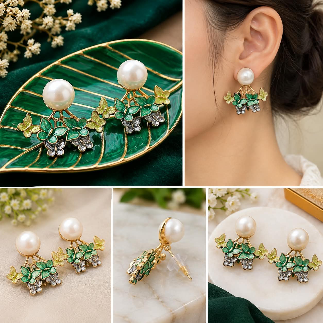 Elegant Green Floral Pearl Drop Earrings for Women