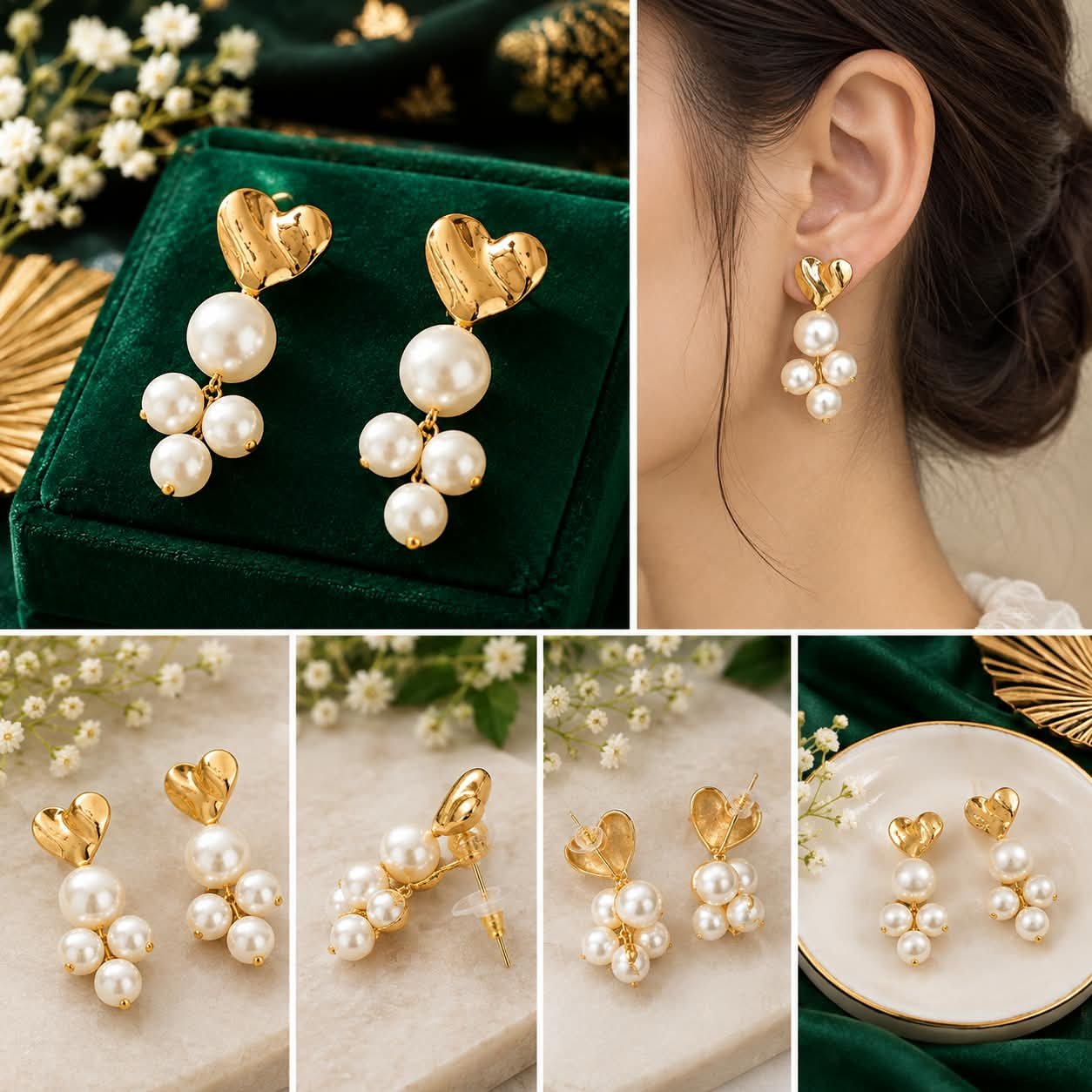 Gold Heart Pearl Drop Earrings for Women