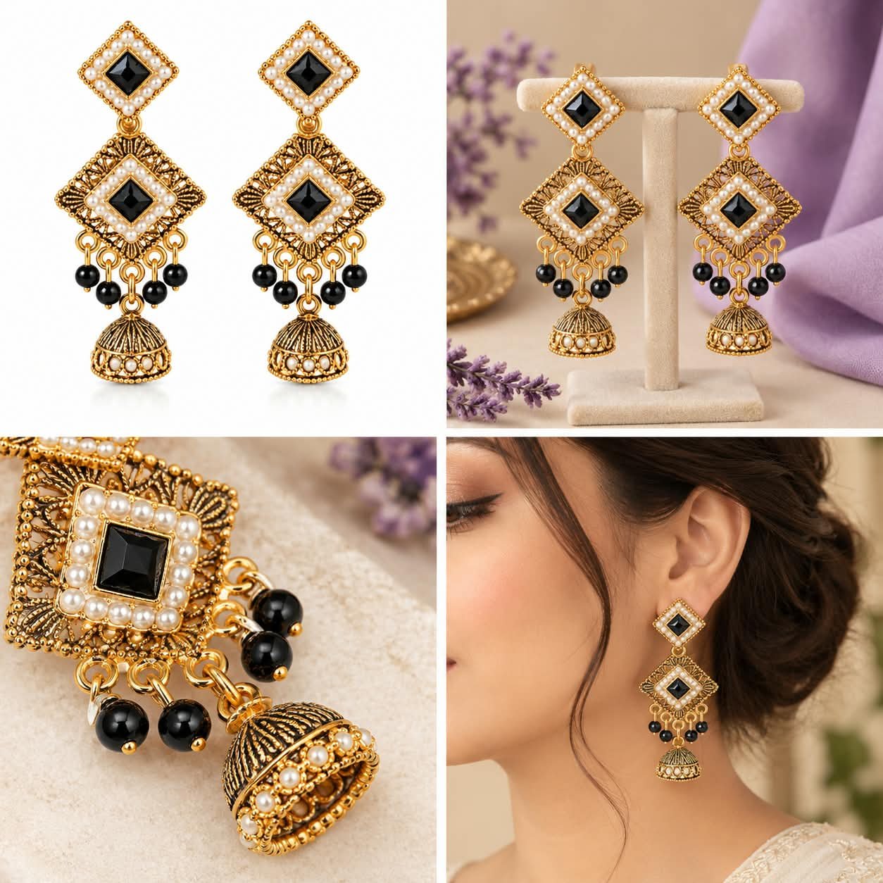 Women’s Gold-Tone Black Stone Pearl Jhumka Earrings
