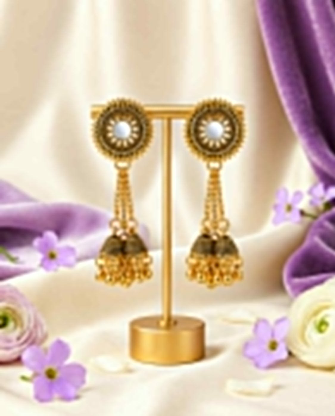 Women’s Gold-Plated Long Jhumka Earrings with Floral Stud & Chain Tassels