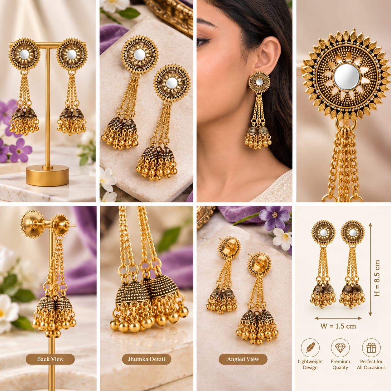 Women’s Gold-Plated Long Jhumka Earrings with Floral Stud & Chain Tassels