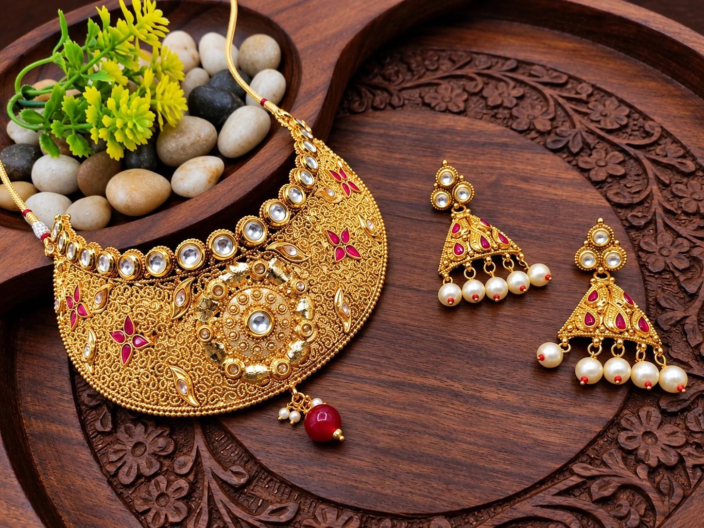 Brass High Gold Designer Kundan Choker Set with Pearl Jhumka Earrings