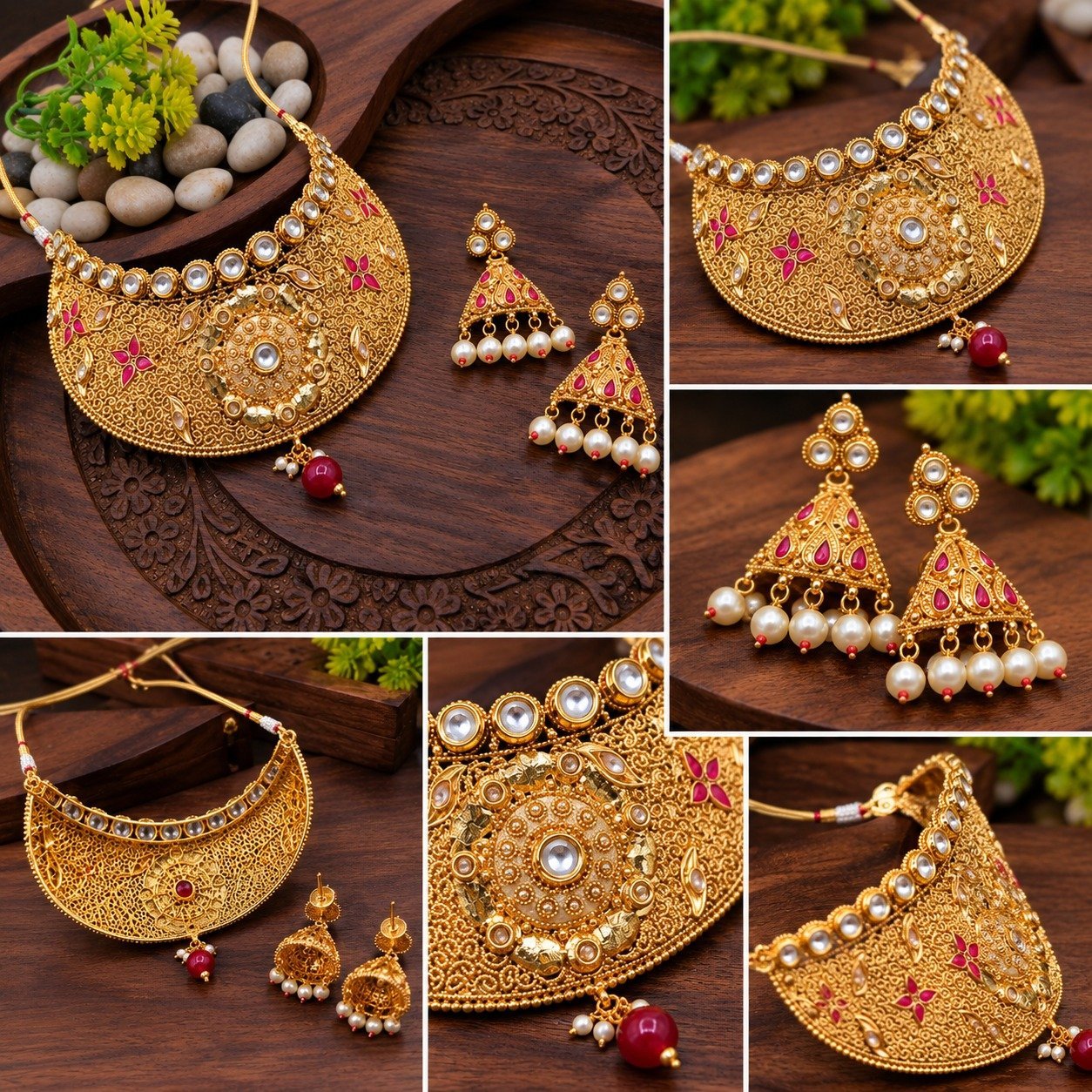 Brass High Gold Designer Kundan Choker Set with Pearl Jhumka Earrings