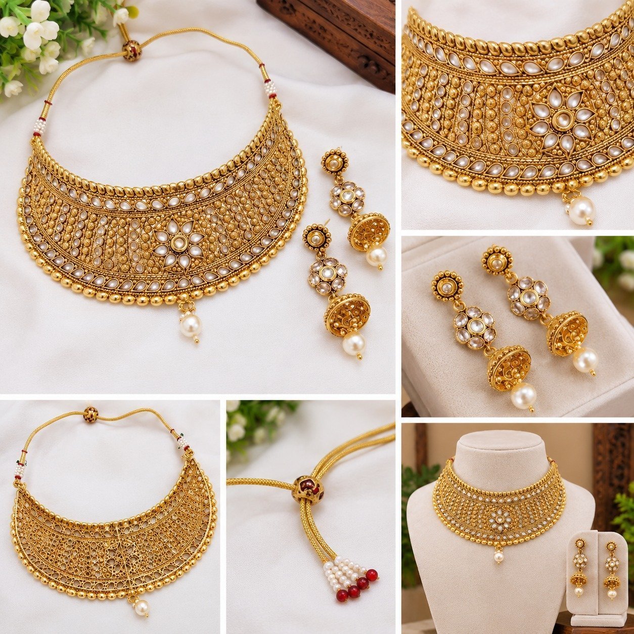 Brass High Gold Traditional Kundan Choker Necklace Set with Matching Earrings