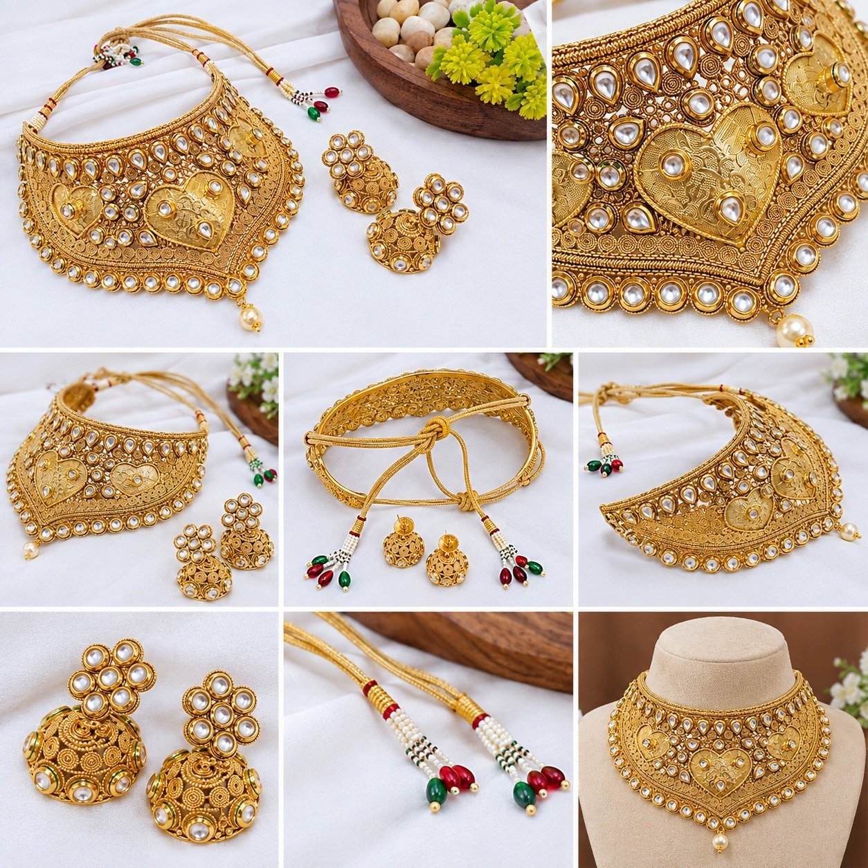 Brass High Gold Traditional Kundan Choker Necklace Set with Matching Earrings