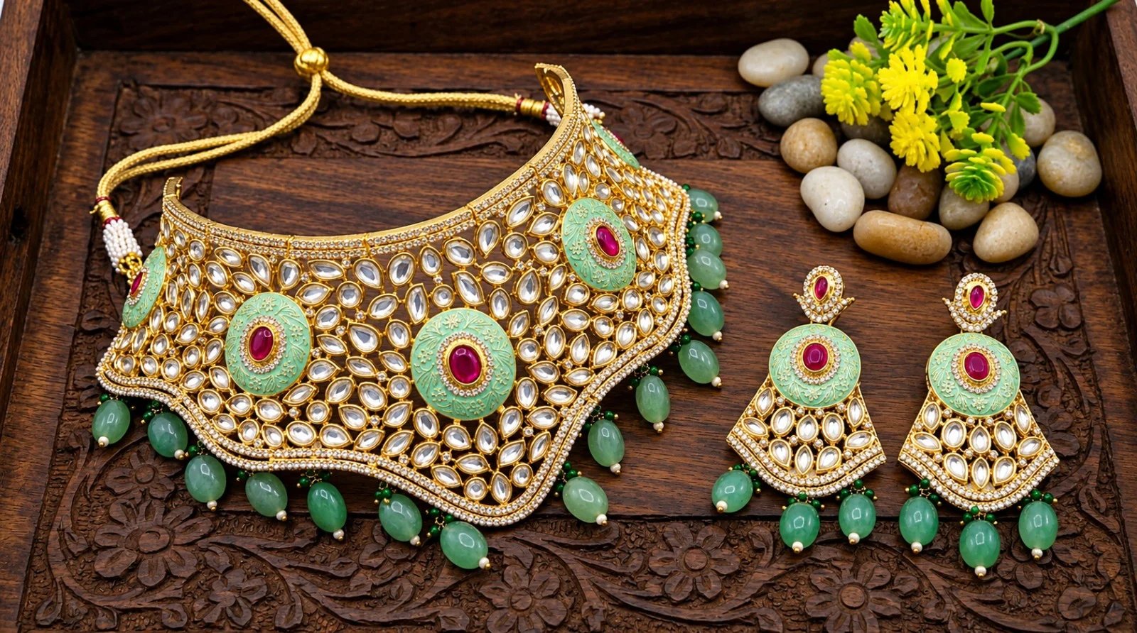 Brass High Gold Kundan Choker Necklace Set with Matching Earrings – Mint Green & Ruby Stone Bridal Jewellery