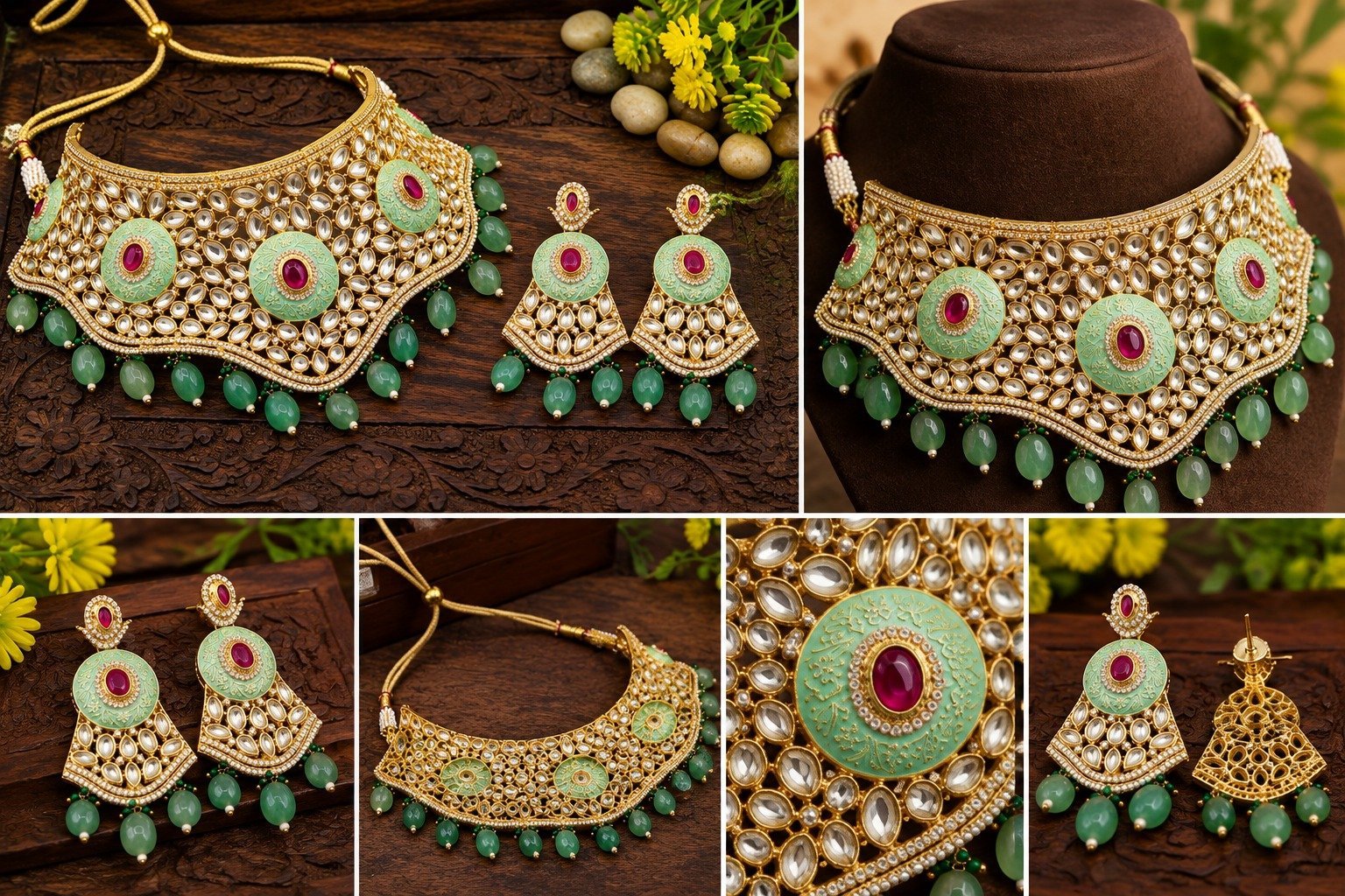 Brass High Gold Kundan Choker Necklace Set with Matching Earrings – Mint Green & Ruby Stone Bridal Jewellery