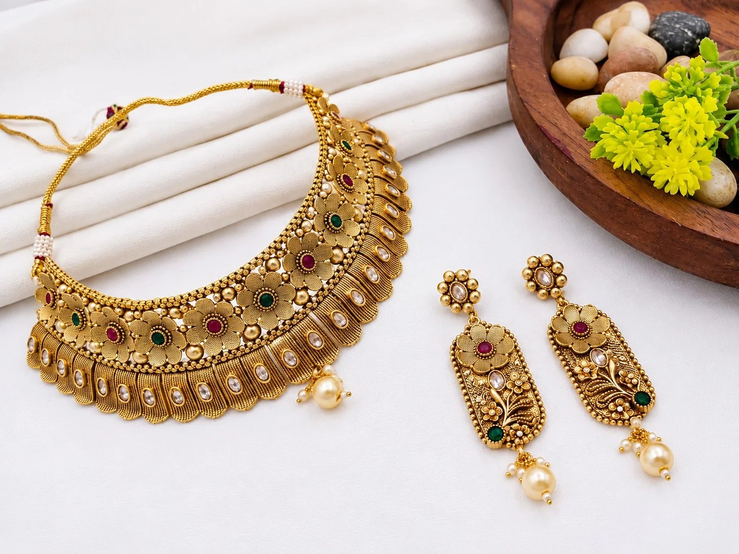 Brass High Gold Choker Set with Matching Earrings | Traditional Bridal Jewellery