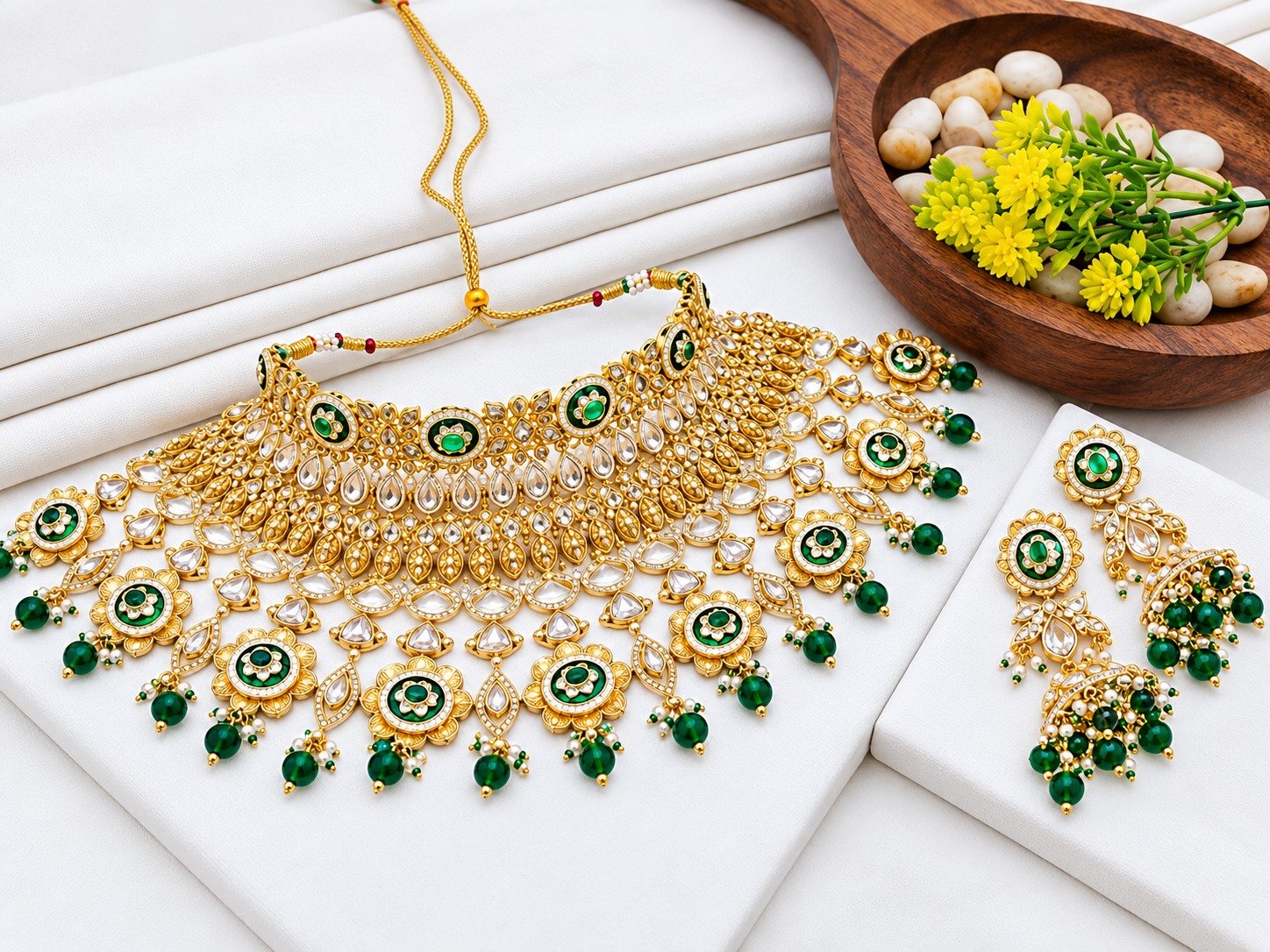 Brass High Gold Finish Green Kundan Choker Necklace Set with Matching Earrings