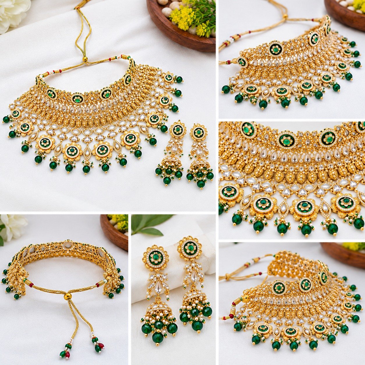 Brass High Gold Finish Green Kundan Choker Necklace Set with Matching Earrings