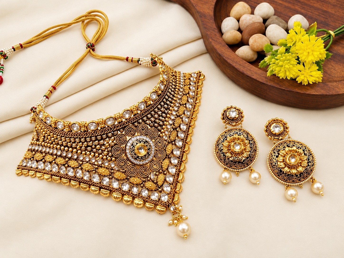 Brass High Gold Designer Choker Set with Matching Earrings