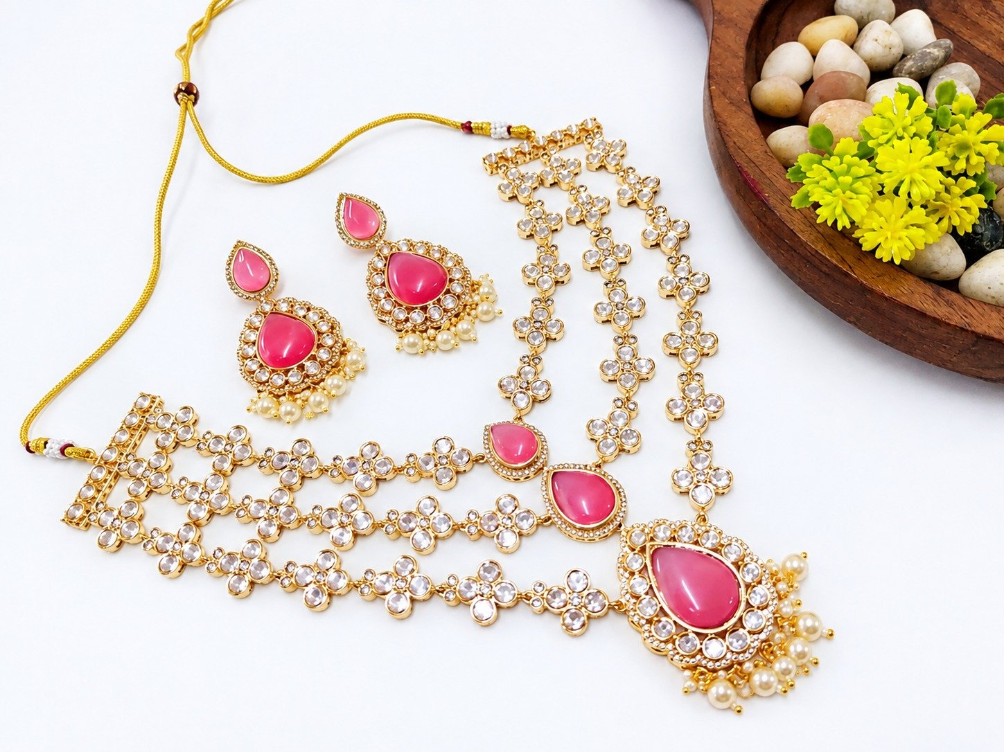 Brass High Gold Pink Stone Choker Set with Earrings