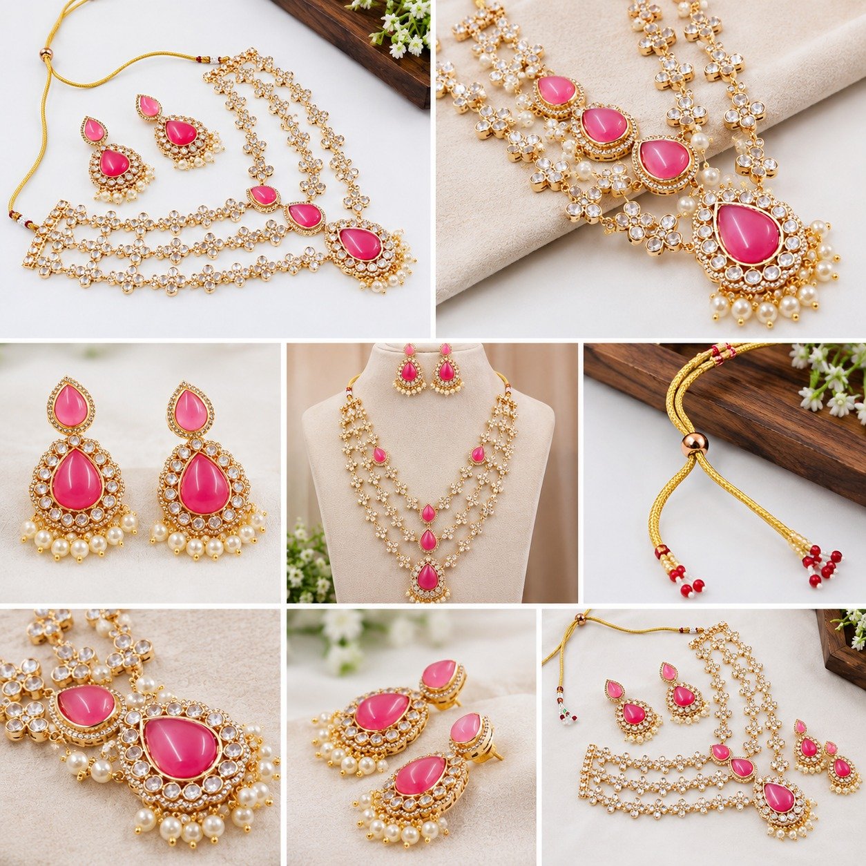 Brass High Gold Pink Stone Choker Set with Earrings