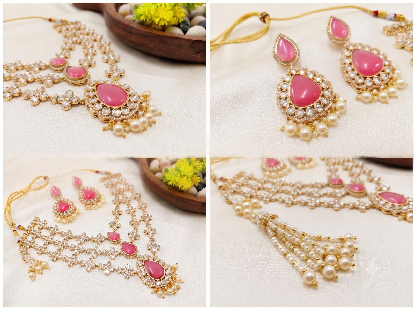 Brass High Gold Pink Stone Choker Set with Earrings