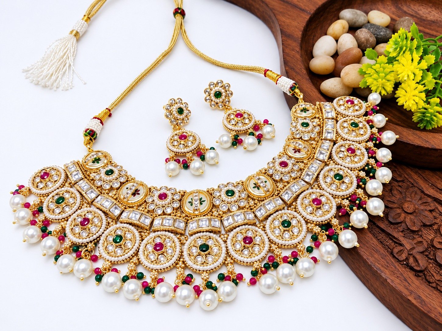 Brass High Gold Kundan Choker Set with Pearl Drops & Matching Earrings