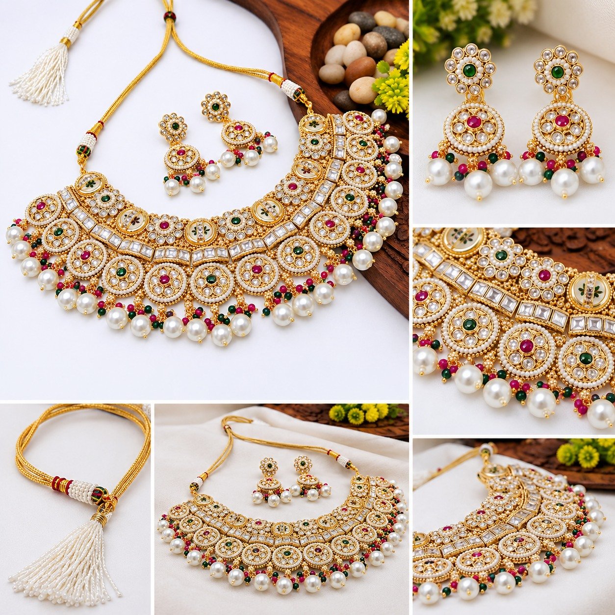Brass High Gold Kundan Choker Set with Pearl Drops & Matching Earrings