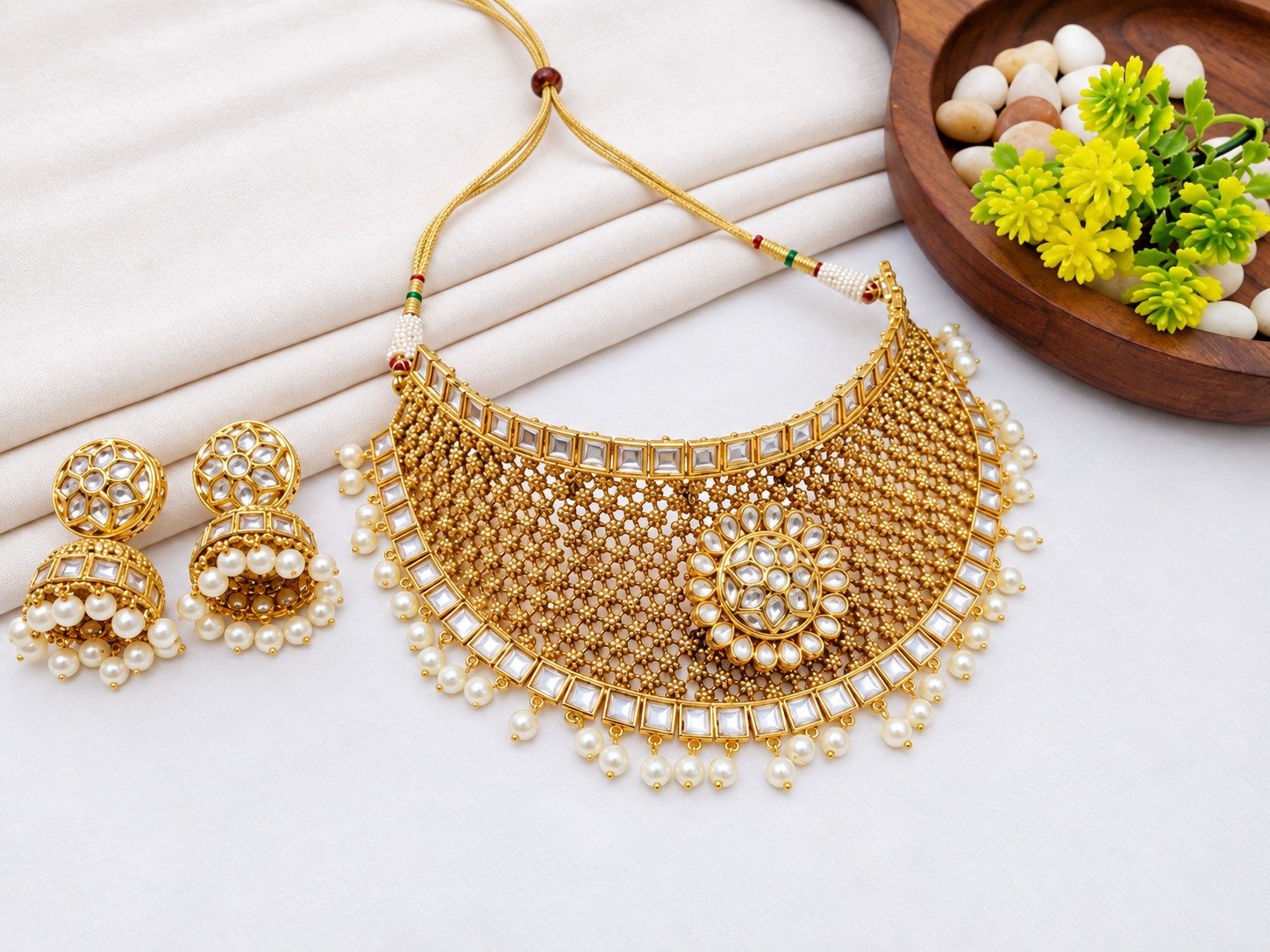 Elegant Brass High Gold Plated Kundan Choker Necklace Set with Pearl Jhumka Earrings – Traditional Bridal Jewellery Set