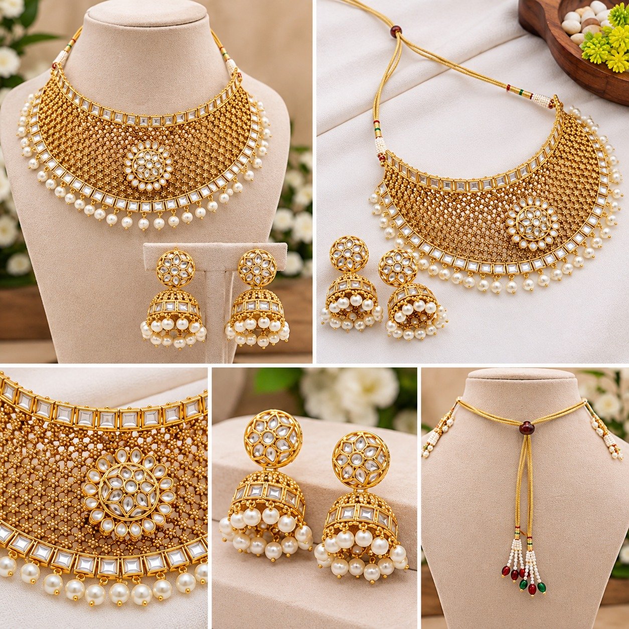 Elegant Brass High Gold Plated Kundan Choker Necklace Set with Pearl Jhumka Earrings – Traditional Bridal Jewellery Set