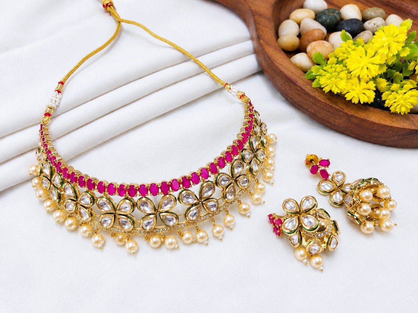 Premium Brass High Gold Plated Kundan Choker Necklace Set with Pink Stones, Pearl Drops & Matching Earrings