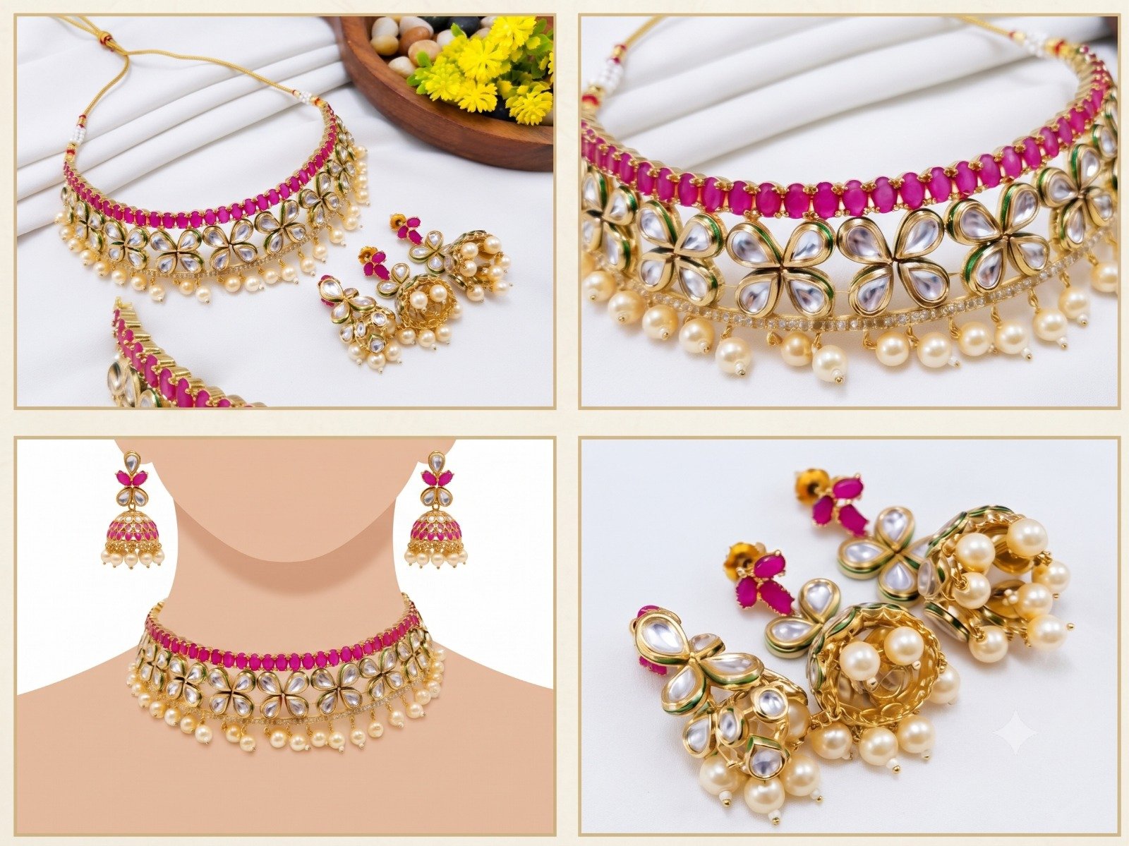 Premium Brass High Gold Plated Kundan Choker Necklace Set with Pink Stones, Pearl Drops & Matching Earrings