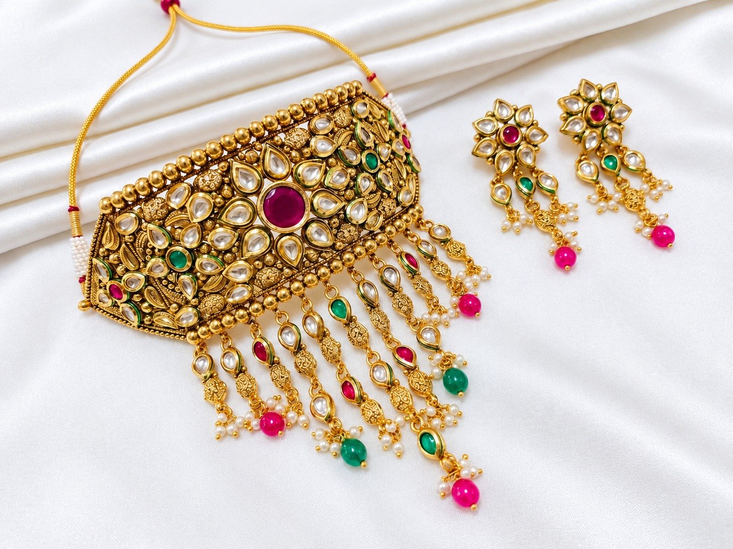 Premium Brass High Gold Plated Kundan Choker Necklace Set with Multicolor Stones and Matching Earrings for Women