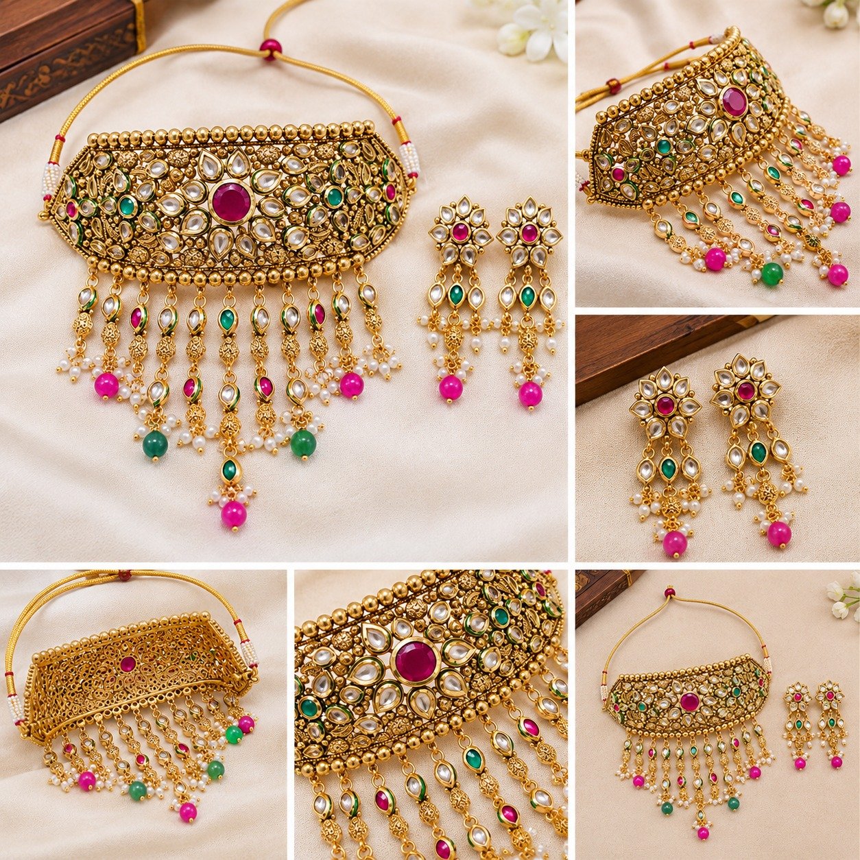 Premium Brass High Gold Plated Kundan Choker Necklace Set with Multicolor Stones and Matching Earrings for Women