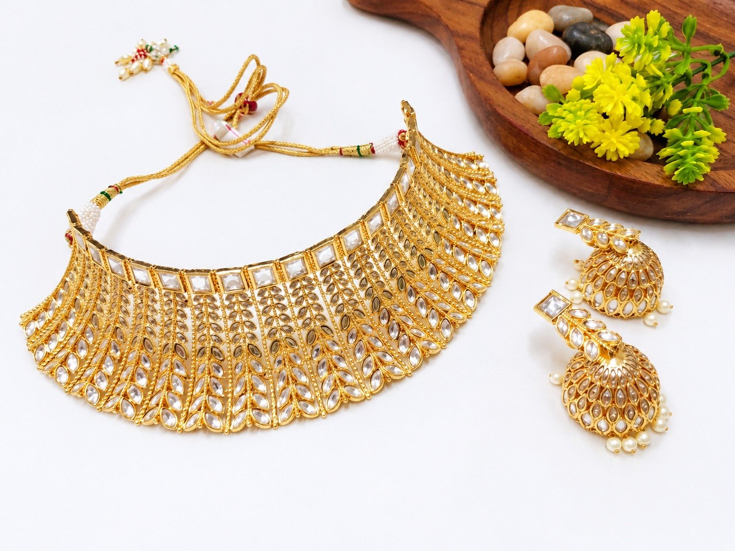 Brass High Gold Plated Kundan Choker Necklace Set with Pearl Drop Earrings for Women