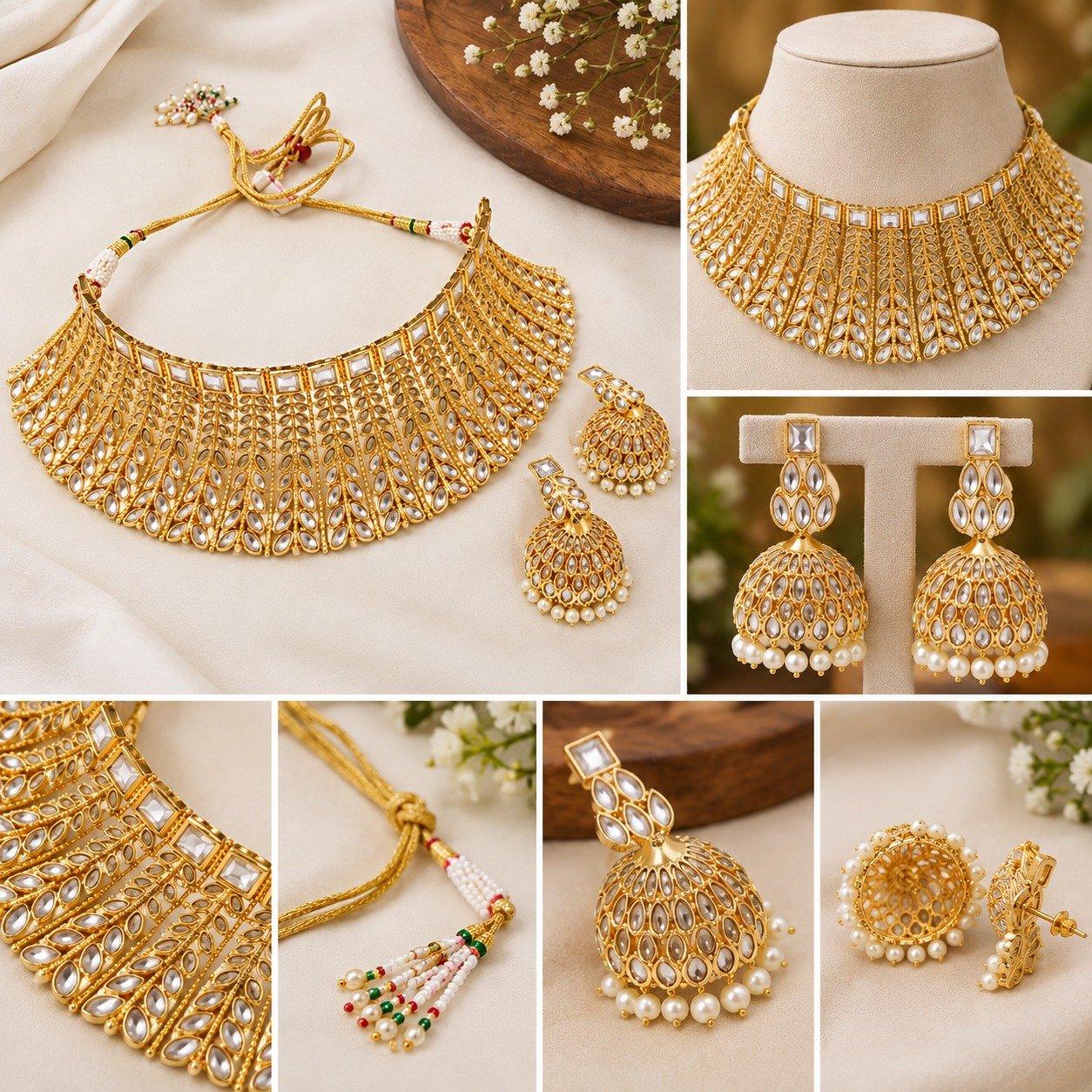 Brass High Gold Plated Kundan Choker Necklace Set with Pearl Drop Earrings for Women