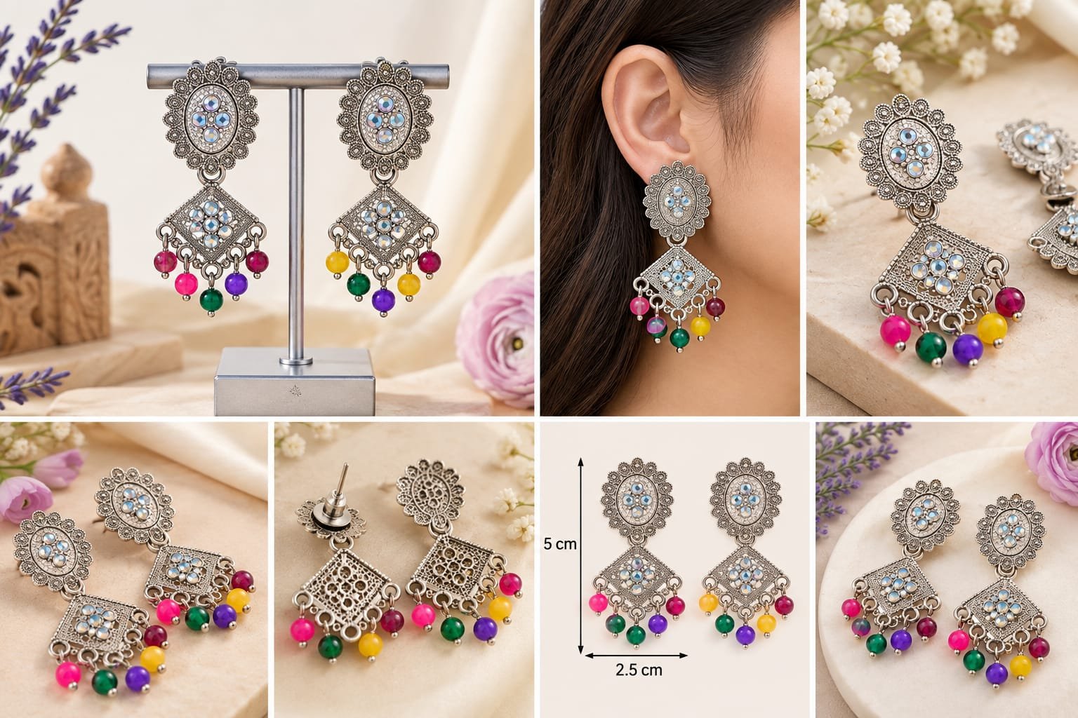 Multicolor Oxidized Silver Chandelier Earrings for Women