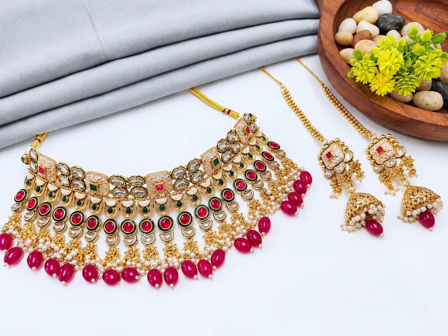 Brass High Gold Plated Kundan Choker Necklace Set with Pink Beads and Matching Jhumka Earrings