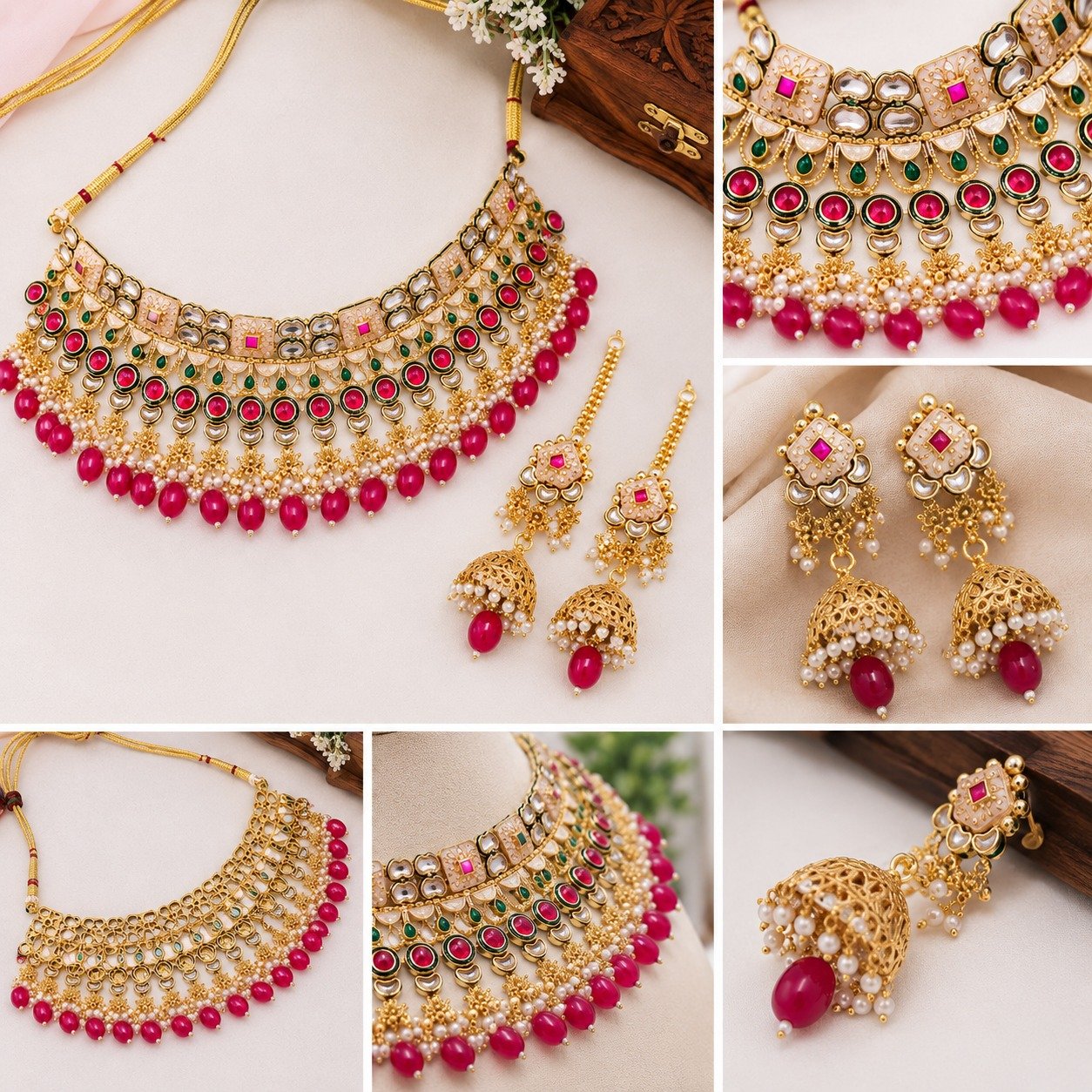 Brass High Gold Plated Kundan Choker Necklace Set with Pink Beads and Matching Jhumka Earrings