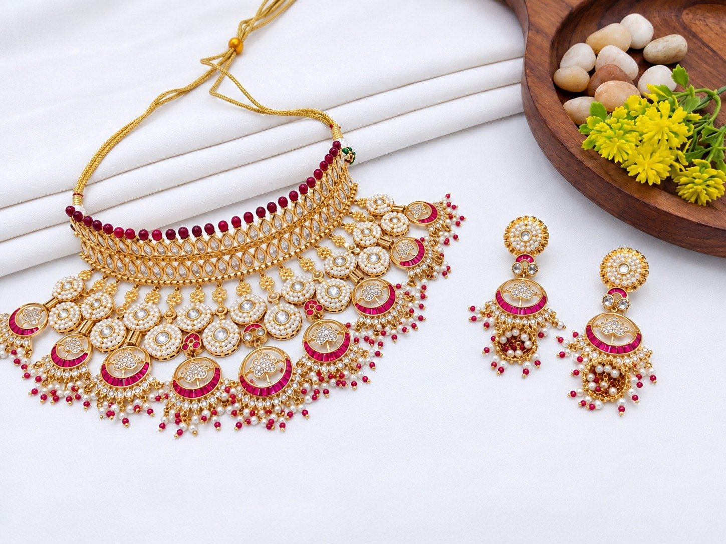 Brass High Gold Plated Traditional Red & White Stone Bridal Choker Necklace Set with Matching Earrings