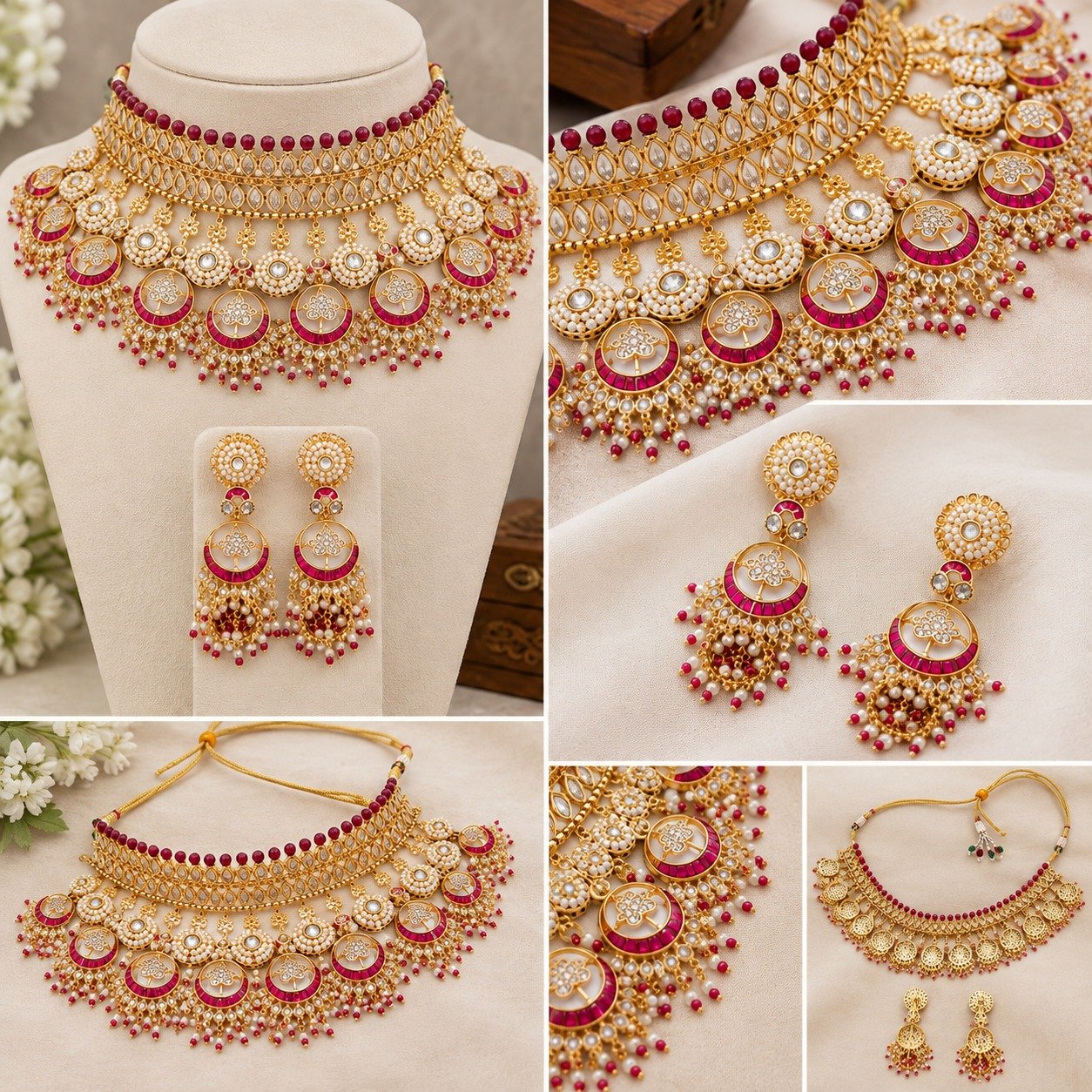 Brass High Gold Plated Traditional Red & White Stone Bridal Choker Necklace Set with Matching Earrings