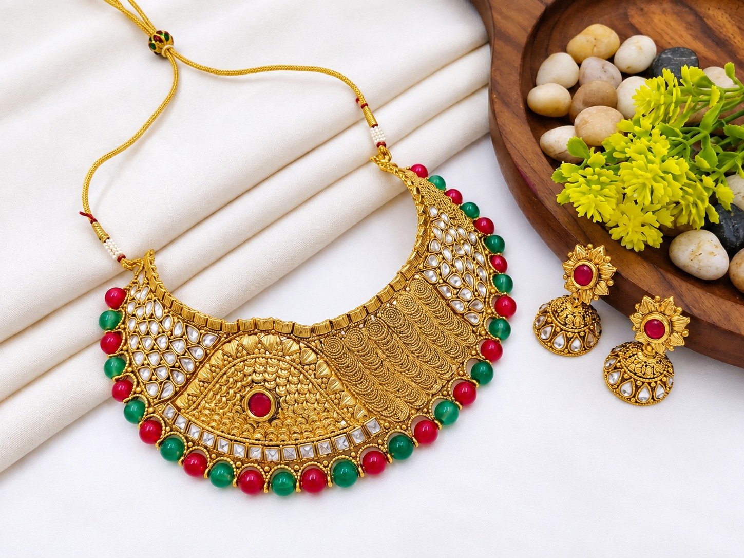 Ethnic Designer Brass High Gold Choker Set with Traditional Jhumkis for Women